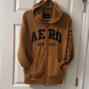 Aeropostale Tan Zip-Up Hoodie with Black Lettering